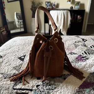Brown Suede Bucket Bag with Fringe